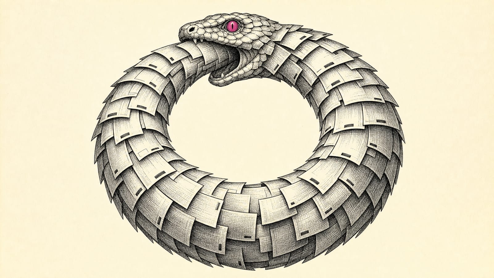 An ouroboros serpent of parking-charge notices coiled into a ring, swallowing its own tail