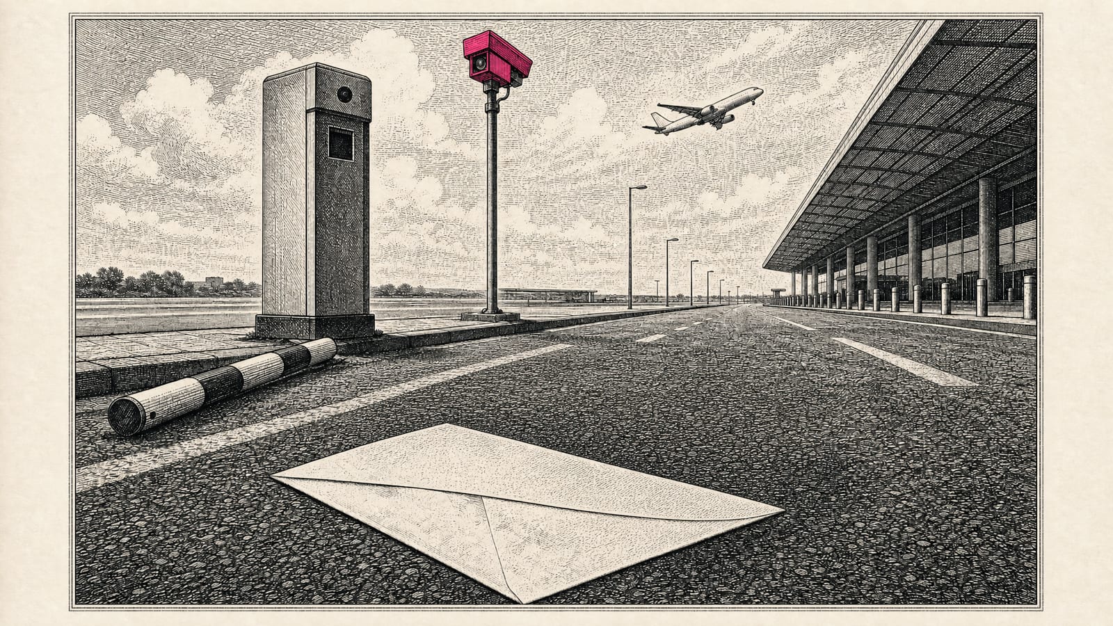 An empty airport drop-off exit, its barrier arm on the tarmac, a camera on a pole watching and a blank envelope below.